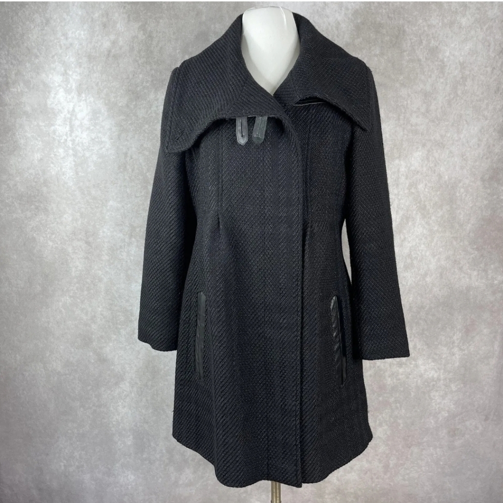 Mackage Black Tweed Wool Blend Shawl Collar Leather Trim Coat Women's Size L